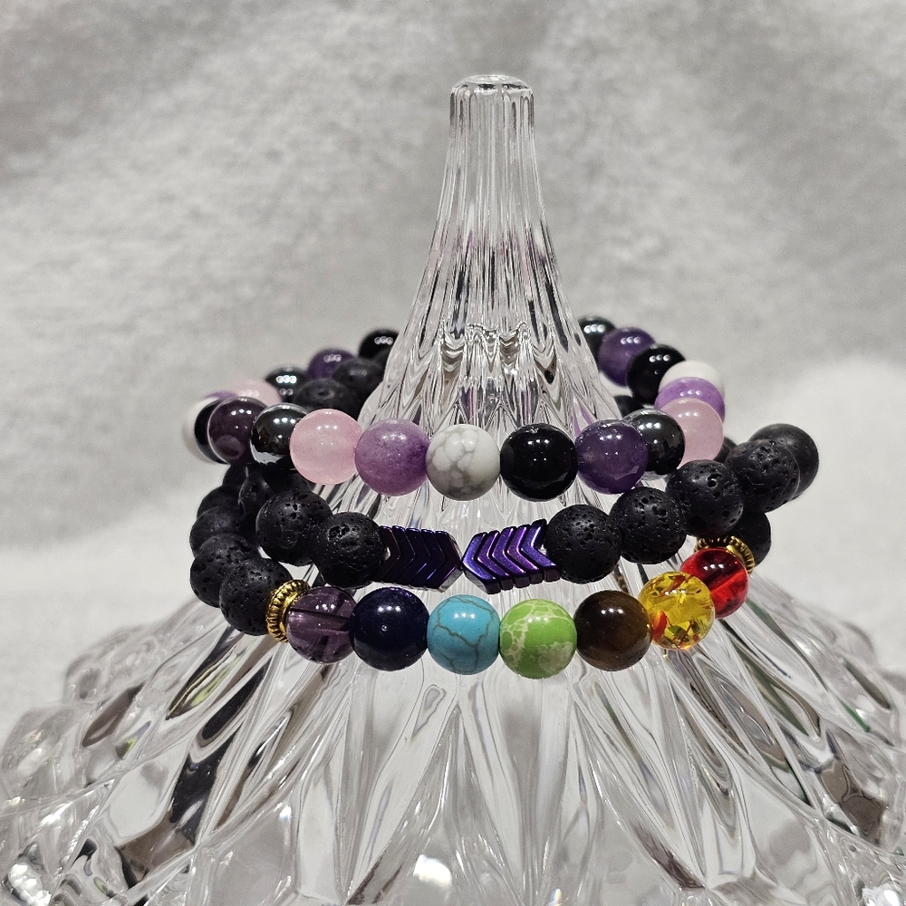 Set of Bracelets with Gemstone, Lava Rock, and Crystals - Picture 3 of 8